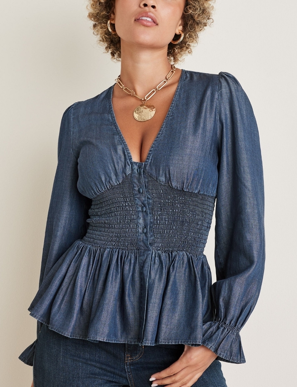 VENUS Indigo Smocked Peplum Long-Sleeve Top Size S